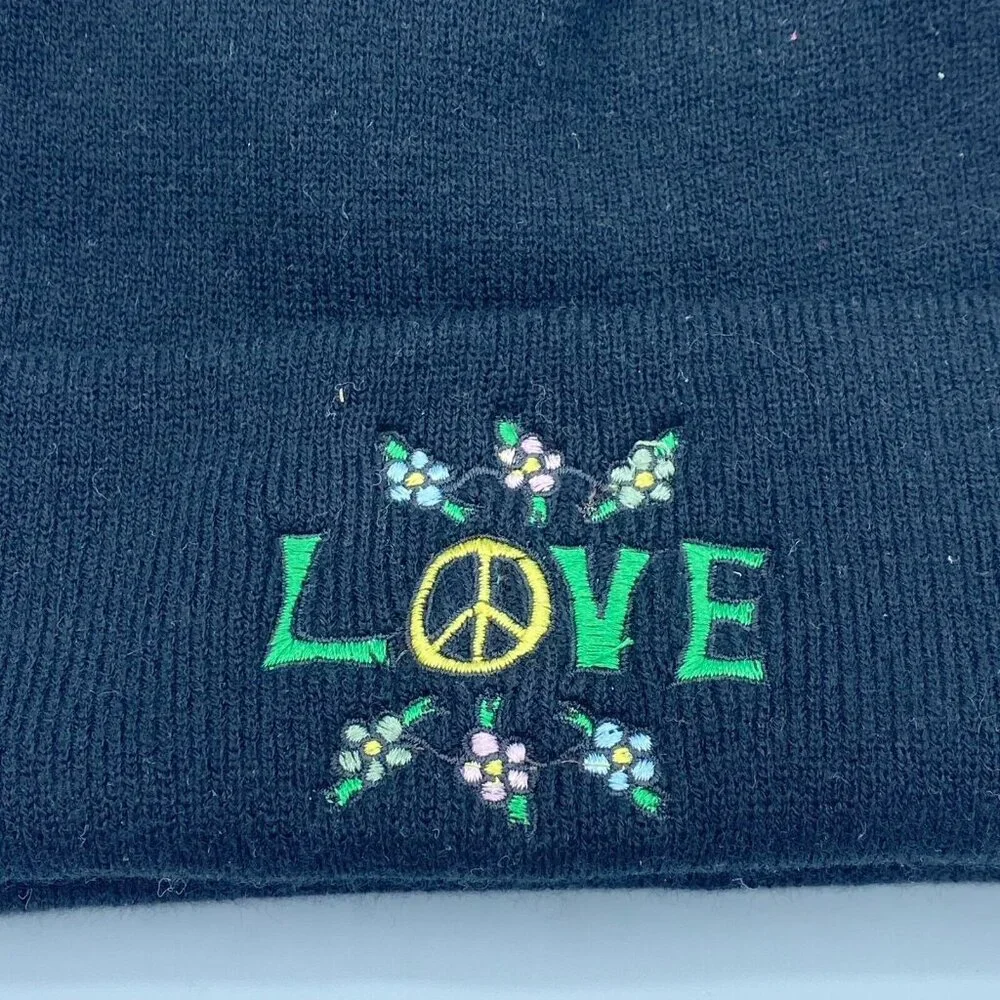Urban Outfitters Embroidered LOVE Knit Beanie Black Unisex OS NWOT